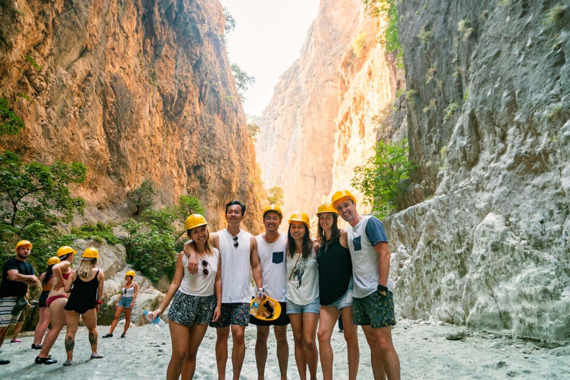 Group of people on a hike near Fethiye in Saklikent Gorge in Turkey.